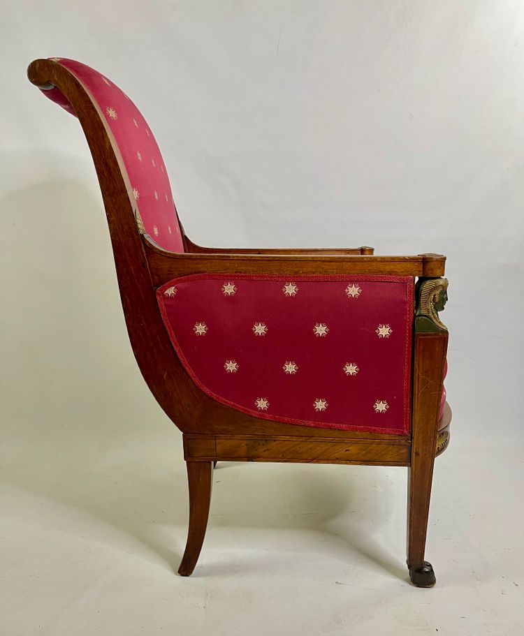 Empire-style square armchair with carved Egyptian figures, attributable to a Paris workshop