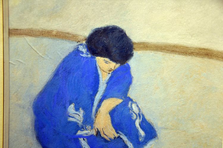 Pierre Boncompain pastello Donna in kimono blu 1980 circa