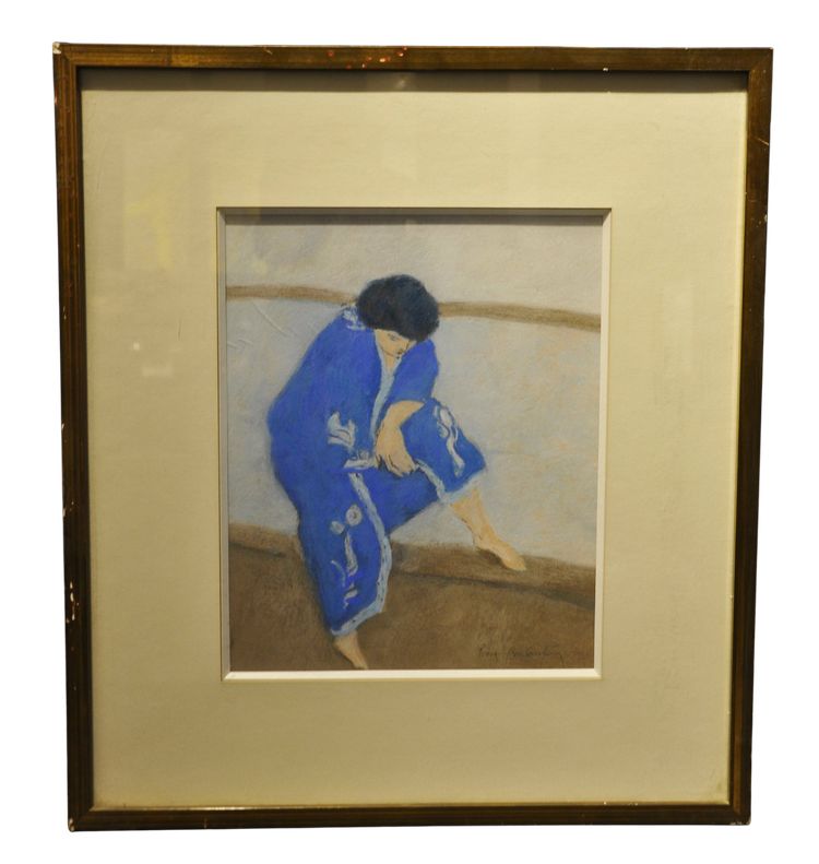 Pierre Boncompain pastello Donna in kimono blu 1980 circa