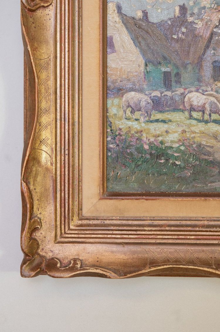 "troupeau De Moutons à La Ferme", Oil on Isorel Signed Brigitte Langevin