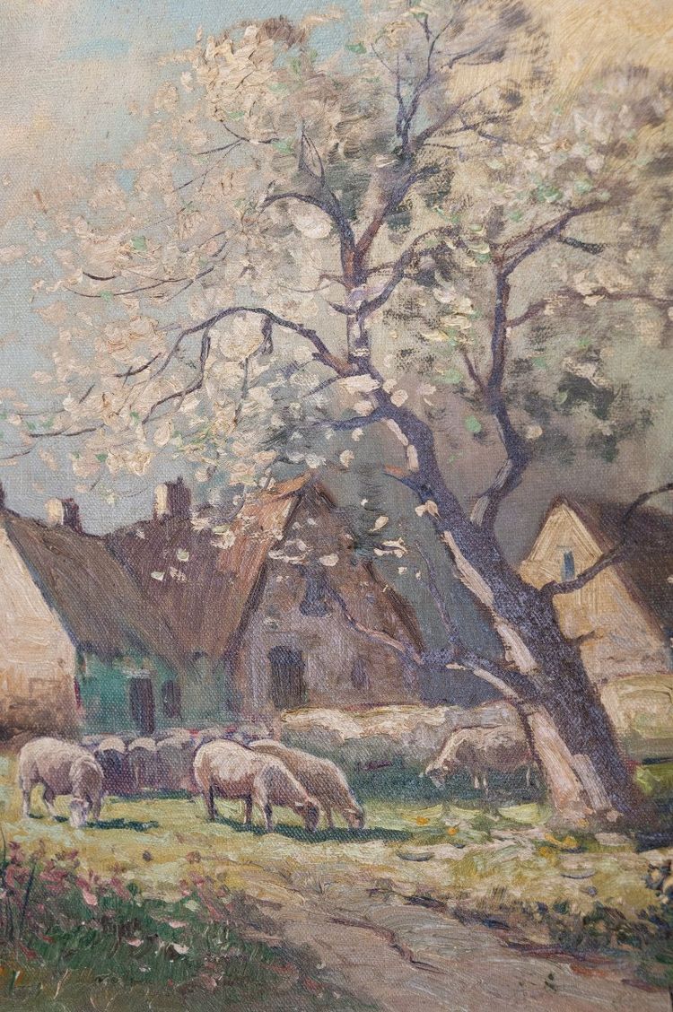 "troupeau De Moutons à La Ferme", Oil on Isorel Signed Brigitte Langevin