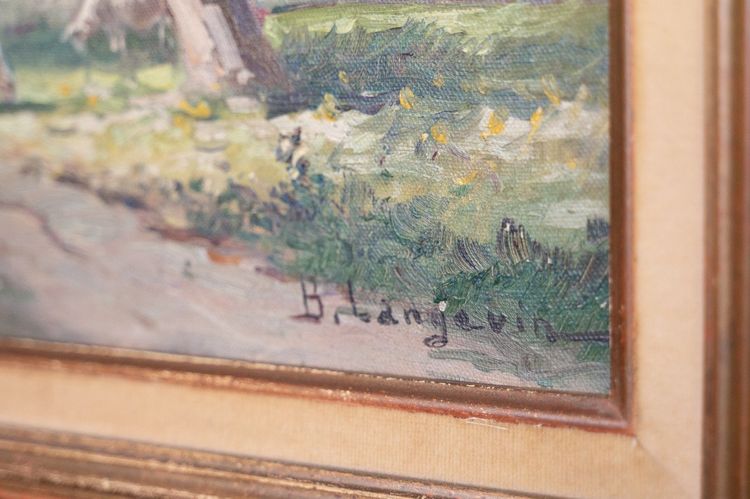 "troupeau De Moutons à La Ferme", Oil on Isorel Signed Brigitte Langevin