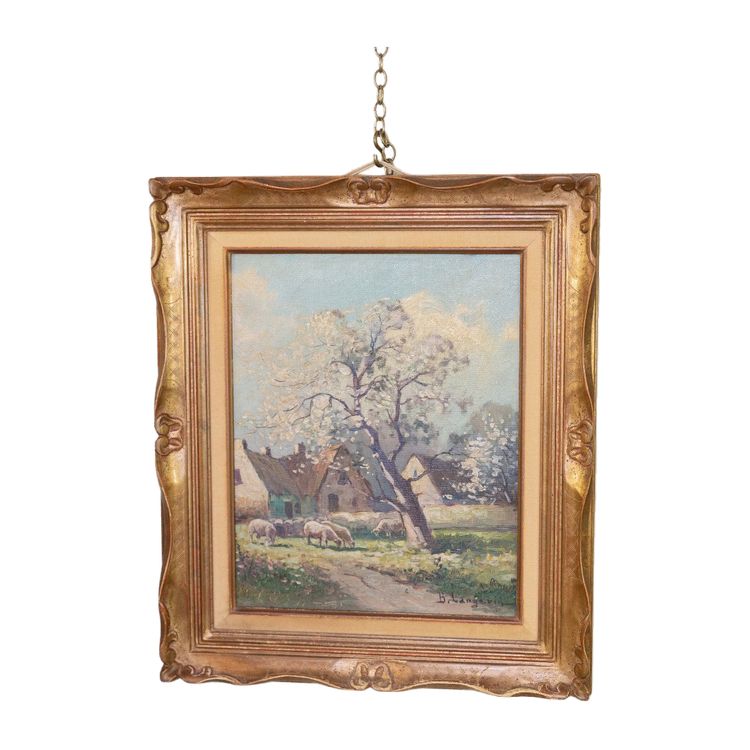 "troupeau De Moutons à La Ferme", Oil on Isorel Signed Brigitte Langevin