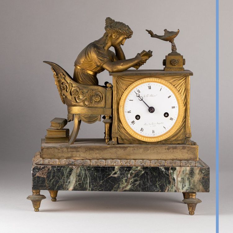 "La liseuse" clock in gilded bronze and green marble, 19th century