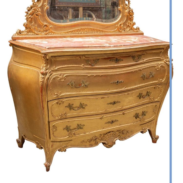 Paire de commodes avec miroirs en bois doré et dessus en marbre, XIXe