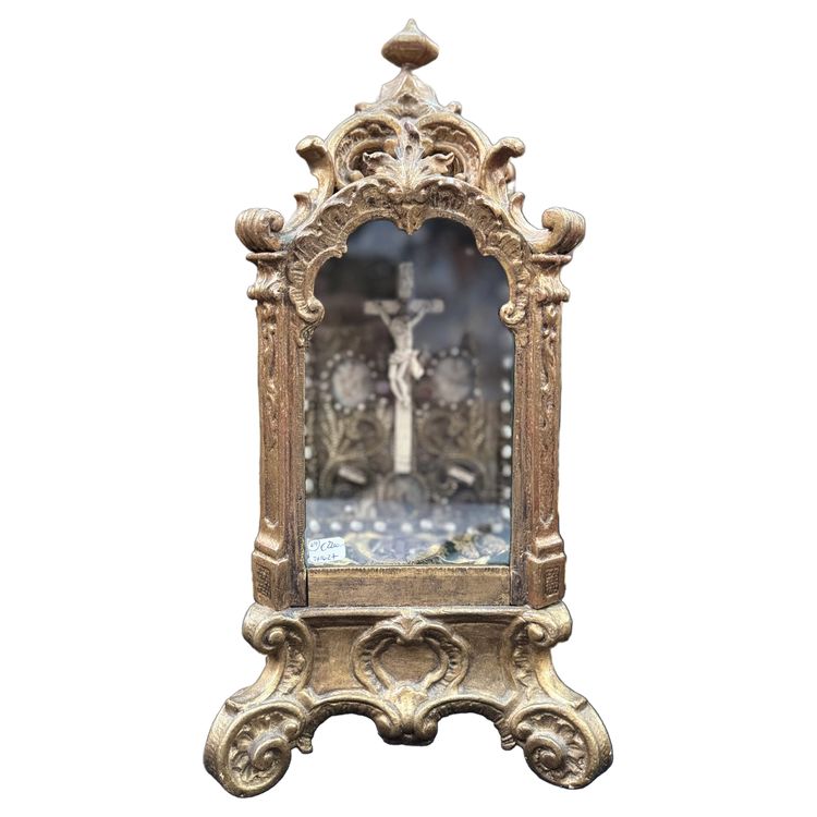 Baroque Reliquary in gilded wood - Crucifix under glass - 18th century
