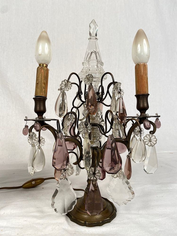 Pair of bronze girandoles with pendants