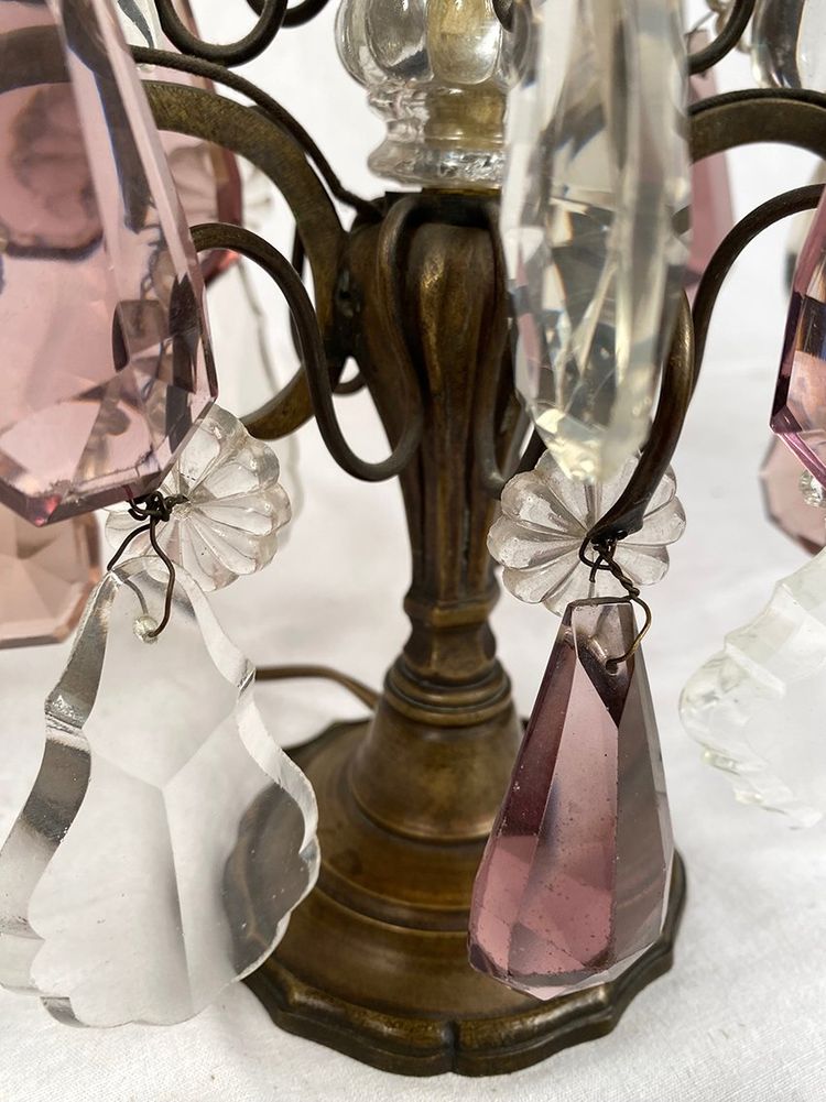 Pair of bronze girandoles with pendants