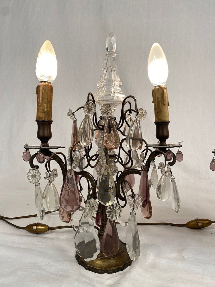 Pair of bronze girandoles with pendants