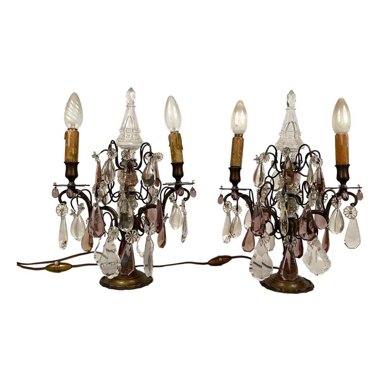 Pair of bronze girandoles with pendants