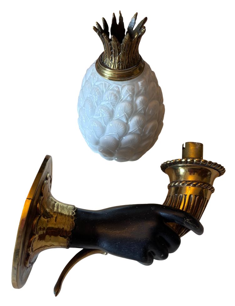 Maison JANSEN ( attributed to ) Double patina bronze Nubian hand wall lamp holding a pineapple