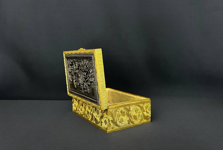  Gilt bronze box with patinated relief plate, 19th century