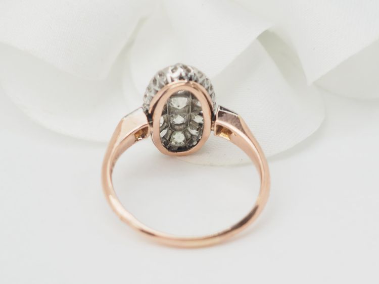 Bague ancienne pavée de diamants en or rose et platine