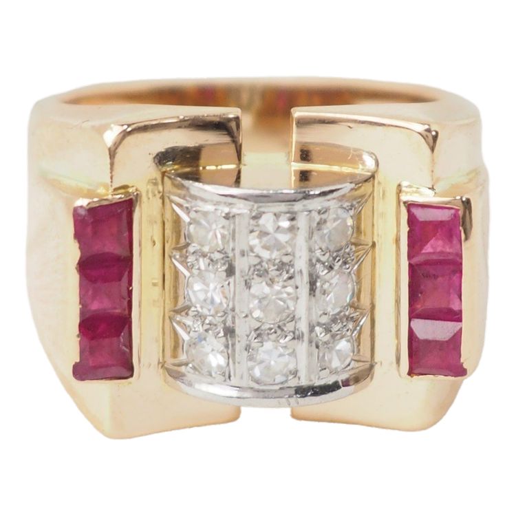 Anello Tank in oro rosa, rubini e diamanti