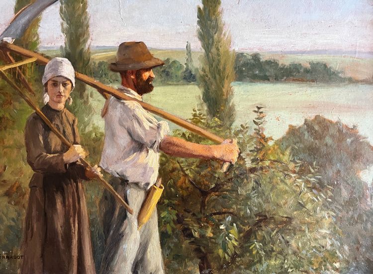 Pittura HST Georges M. J. GIRARDOT (1856-1914) "Coppia di mietitori" 1907