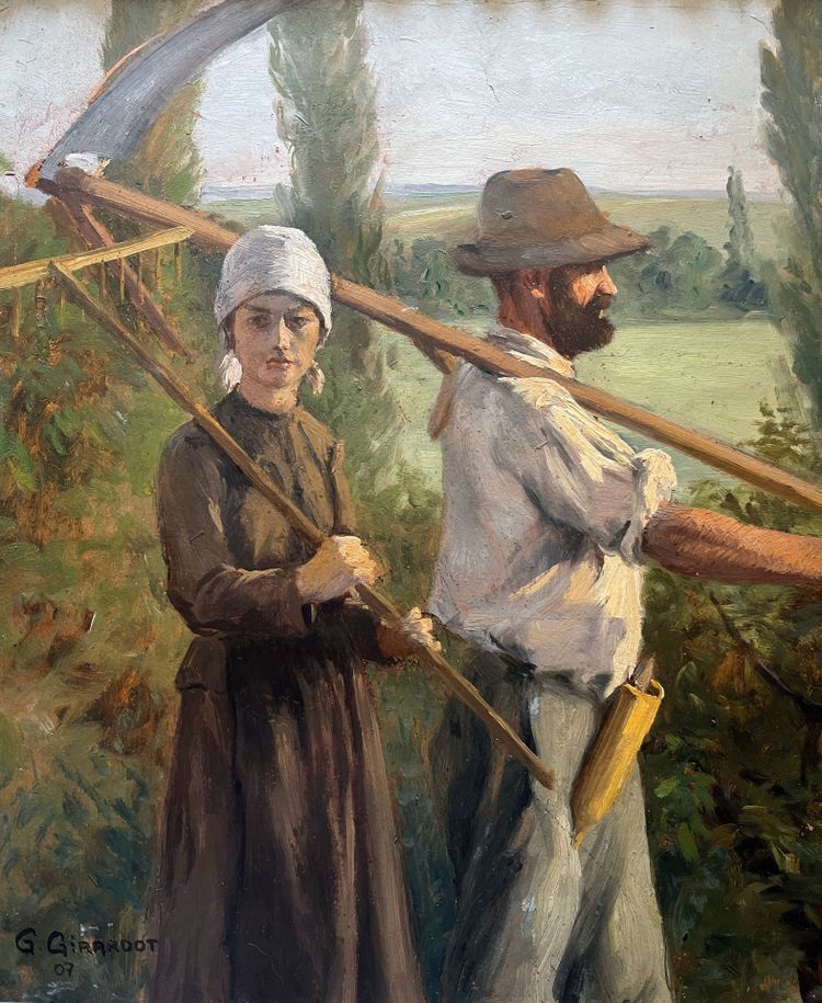 Pittura HST Georges M. J. GIRARDOT (1856-1914) "Coppia di mietitori" 1907