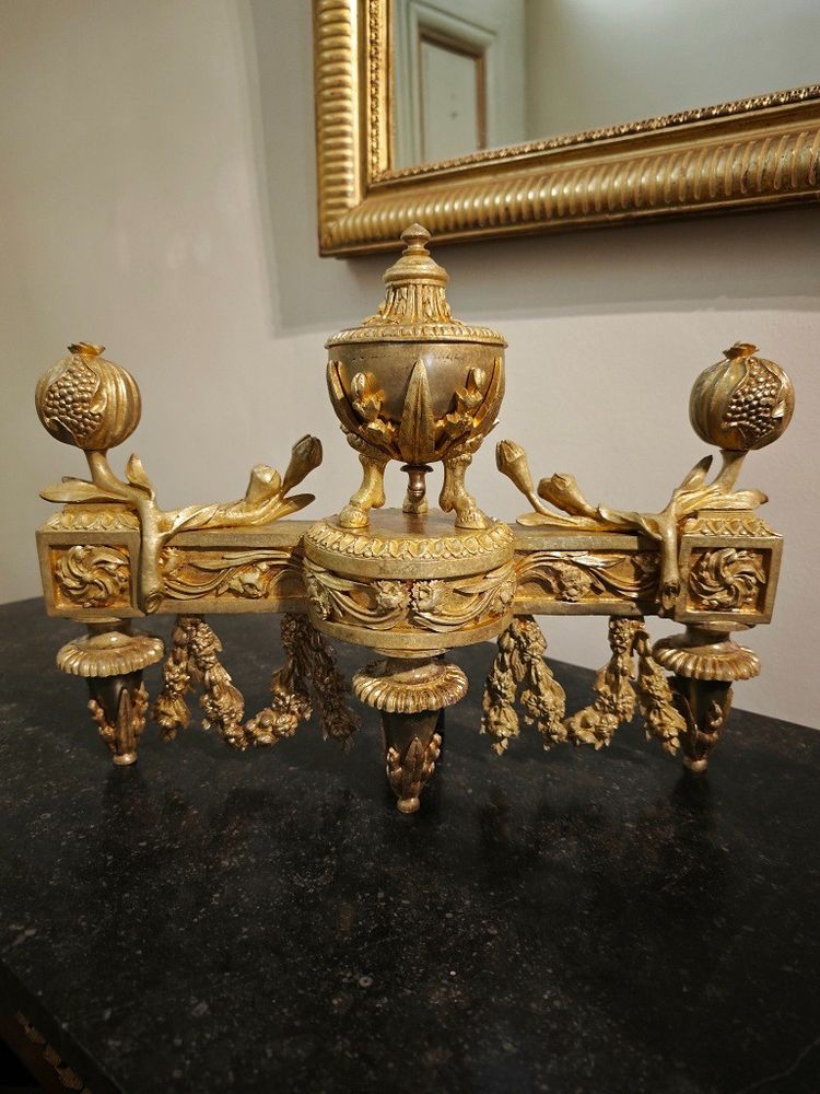 Pair of gilt bronze Chenets with Antique style Pots in the Louis XVI style 19th century