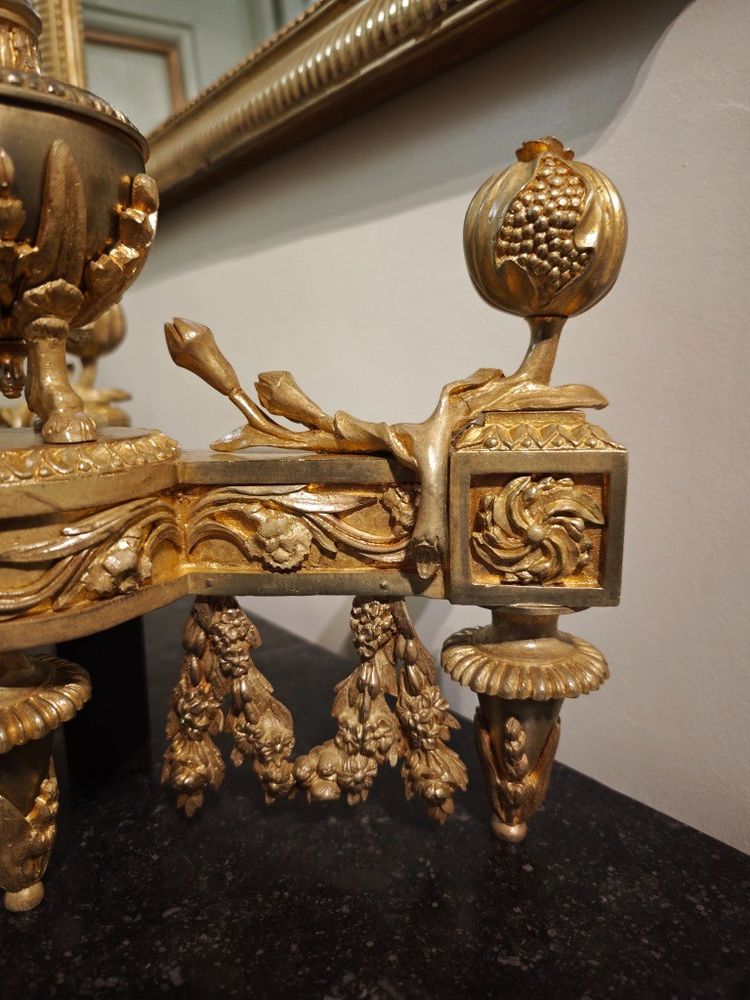 Pair of gilt bronze Chenets with Antique style Pots in the Louis XVI style 19th century
