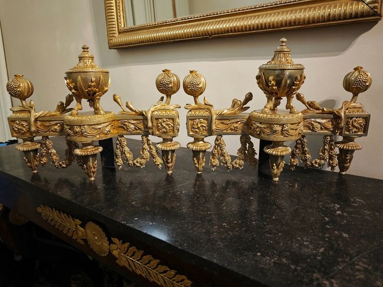 Pair of gilt bronze Chenets with Antique style Pots in the Louis XVI style 19th century
