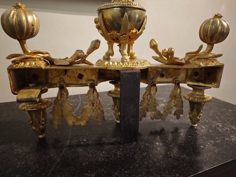 Pair of gilt bronze Chenets with Antique style Pots in the Louis XVI style 19th century
