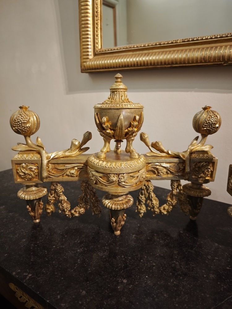 Pair of gilt bronze Chenets with Antique style Pots in the Louis XVI style 19th century