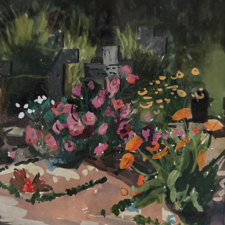 Gouache on paper, flowery cemetery of the Benedictines of Craon 1945