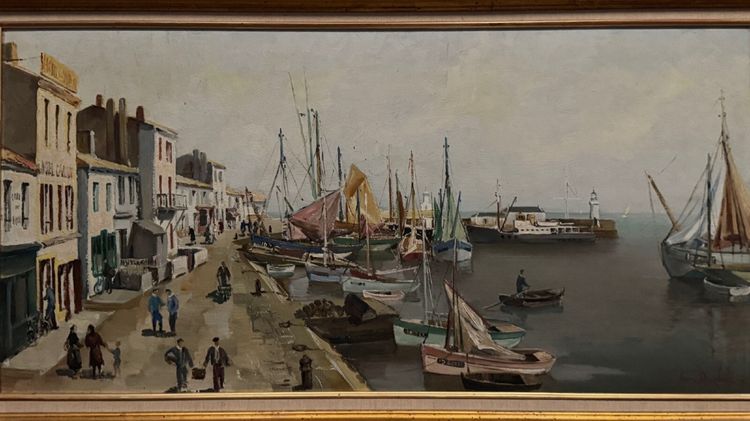 Olio su tavola di Yvon Dieulafé raffigurante un porto del XX secolo