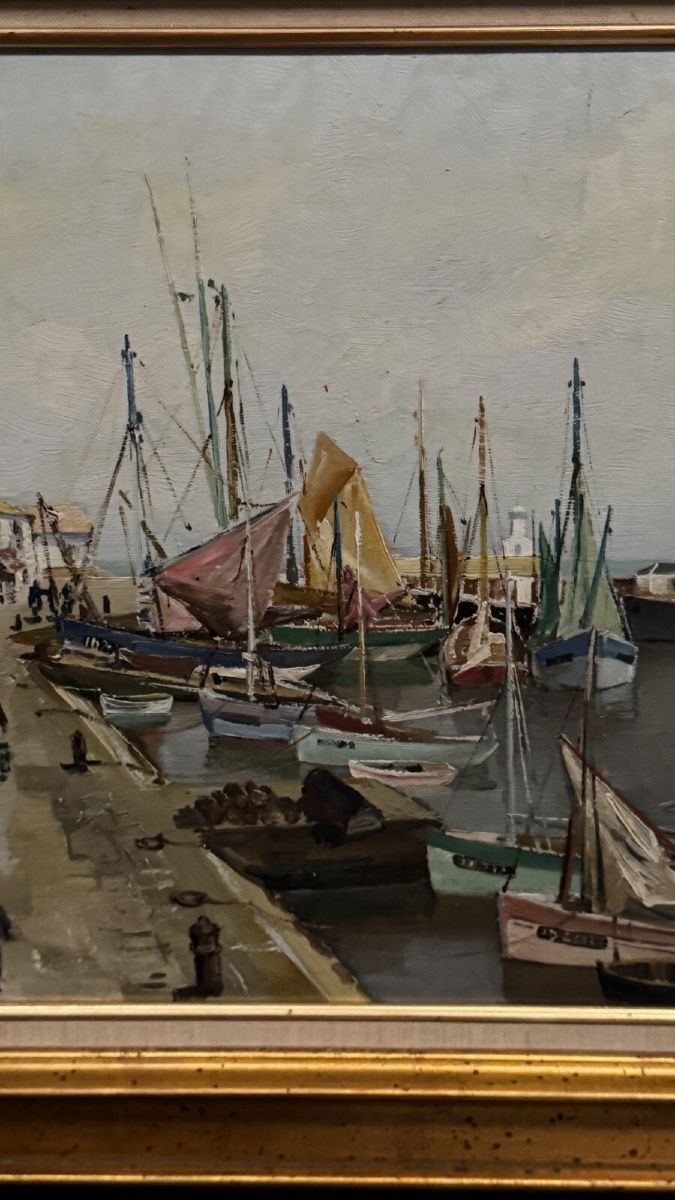 Olio su tavola di Yvon Dieulafé raffigurante un porto del XX secolo