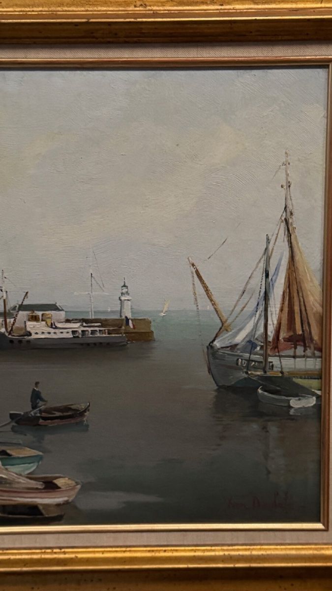 Olio su tavola di Yvon Dieulafé raffigurante un porto del XX secolo