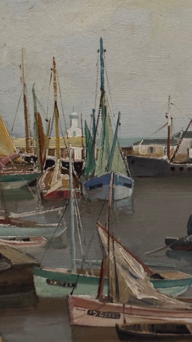 Olio su tavola di Yvon Dieulafé raffigurante un porto del XX secolo