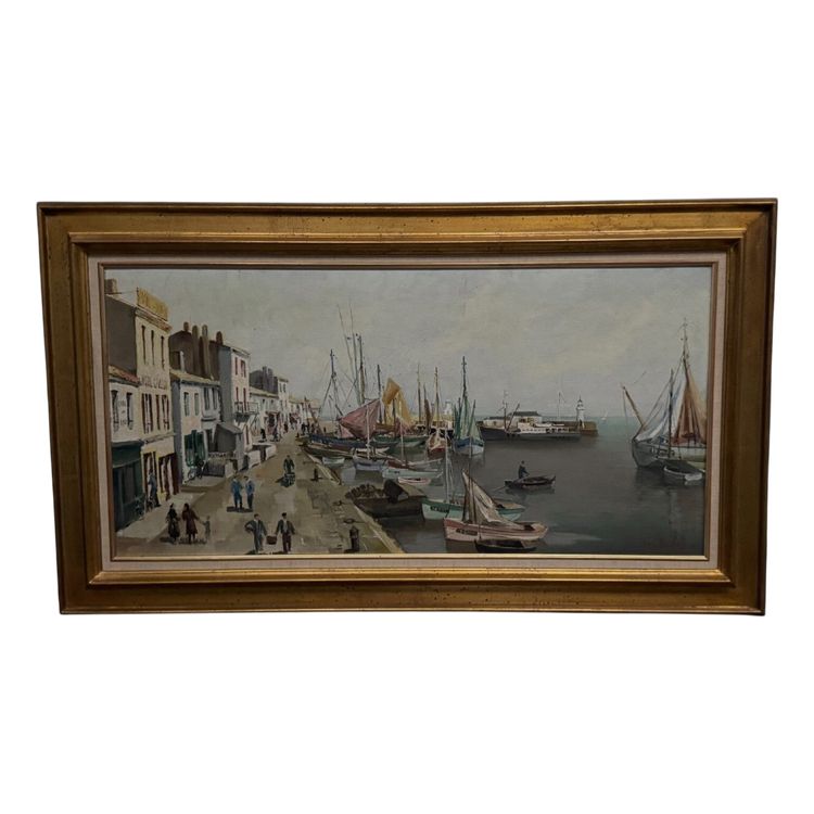 Olio su tavola di Yvon Dieulafé raffigurante un porto del XX secolo