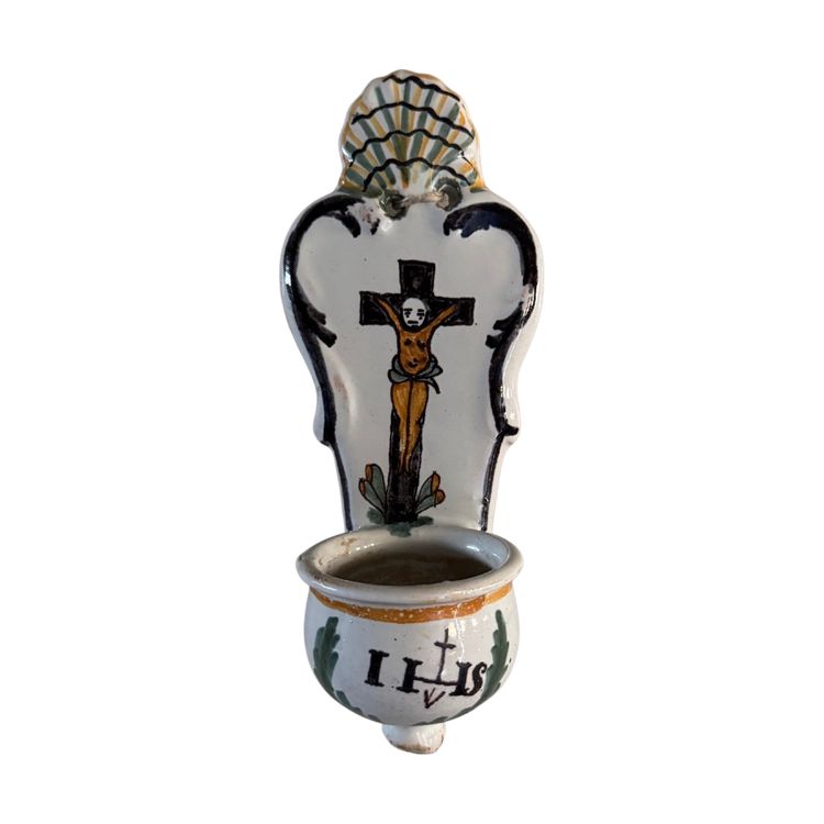 Wall-mounted holy water font in polychrome earthenware from the Nevers factory, 18th century