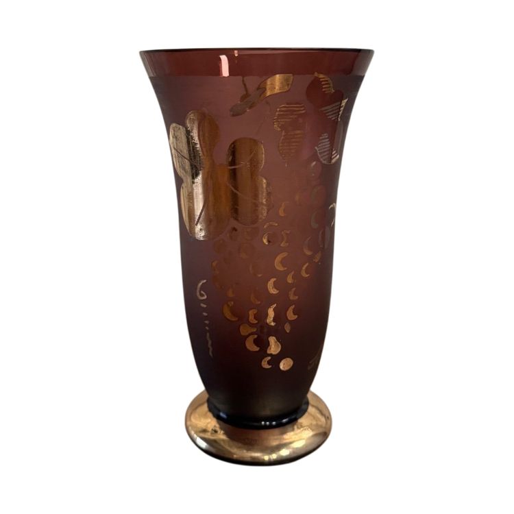 Frosted Shneider vase with pink background and gold vine leaves