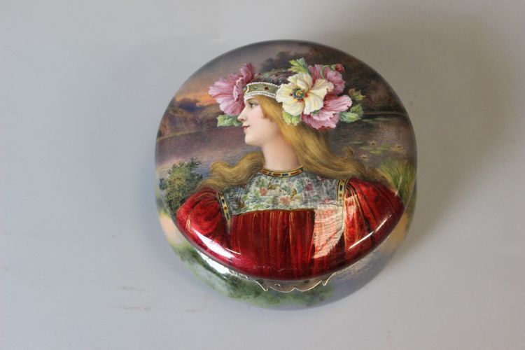 Art nouveau enamelled box, woman with flowers circa 1900