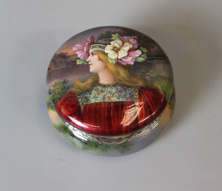 Art nouveau enamelled box, woman with flowers circa 1900