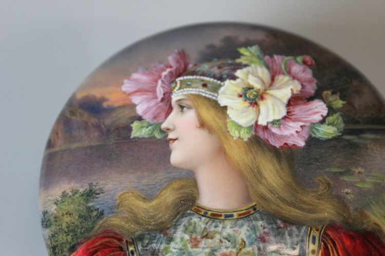 Art nouveau enamelled box, woman with flowers circa 1900