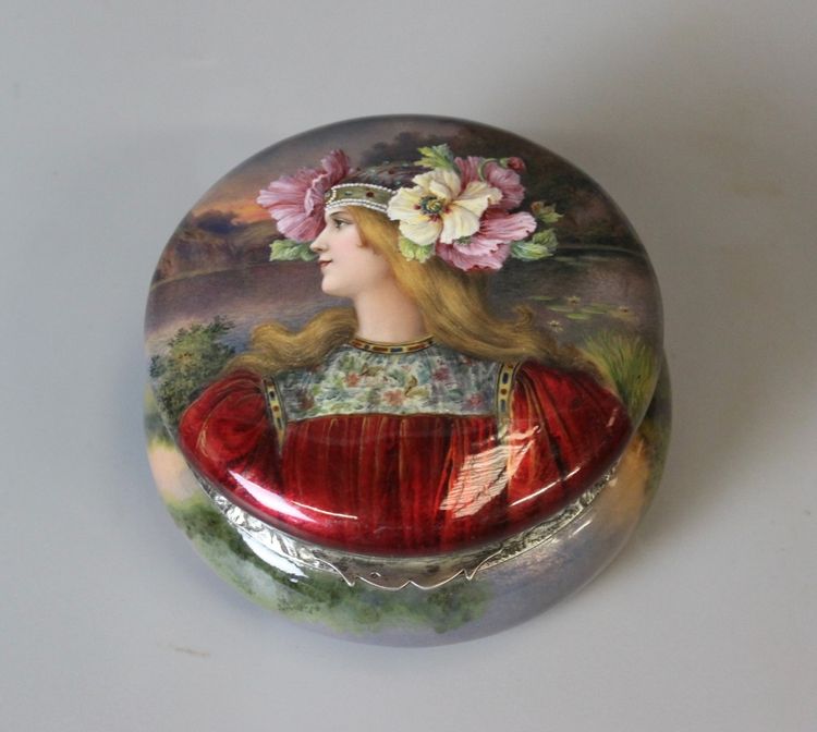 Art nouveau enamelled box, woman with flowers circa 1900