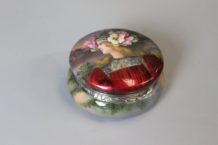 Art nouveau enamelled box, woman with flowers circa 1900