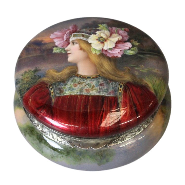Art nouveau enamelled box, woman with flowers circa 1900
