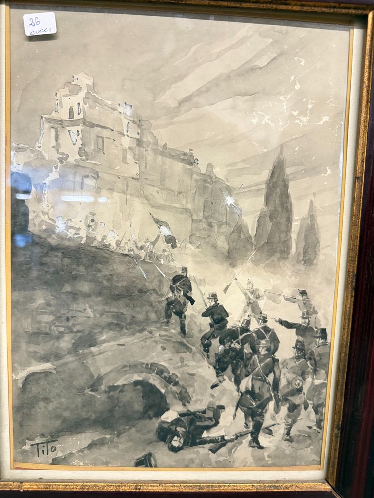 Acquarello Tito Ettore, XIX sec, risorgimento - Assedio Villa del Vascello Roma - 47x38 cm