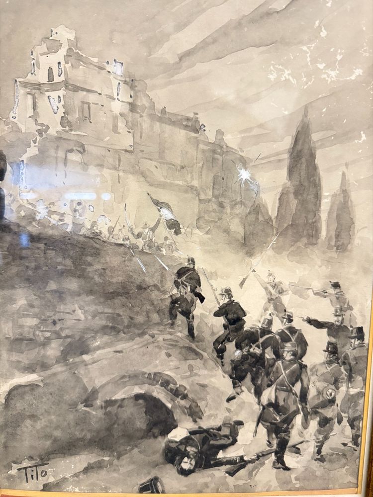 Acquarello Tito Ettore, XIX sec, risorgimento - Assedio Villa del Vascello Roma - 47x38 cm