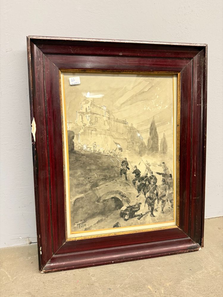 Acquarello Tito Ettore, XIX sec, risorgimento - Assedio Villa del Vascello Roma - 47x38 cm