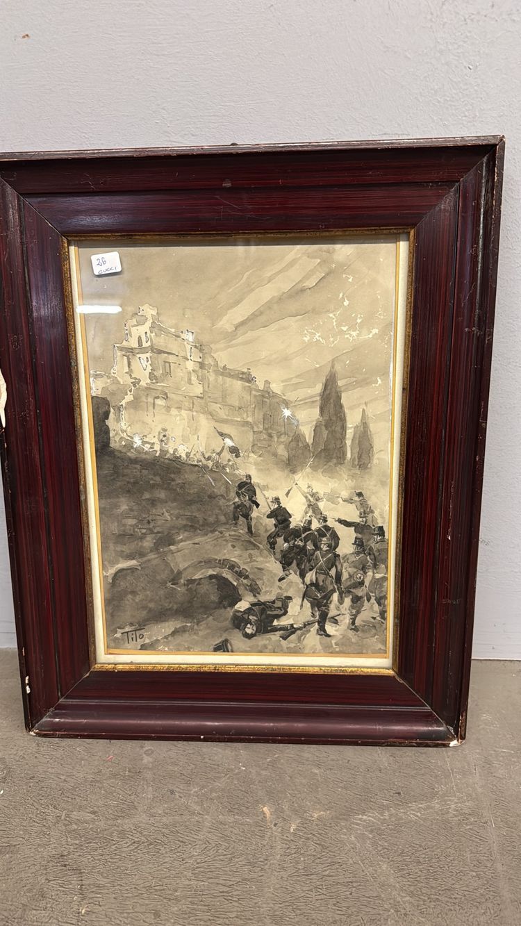 Acquarello Tito Ettore, XIX sec, risorgimento - Assedio Villa del Vascello Roma - 47x38 cm