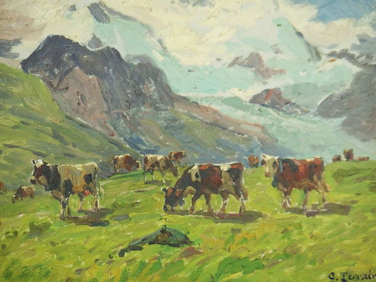 Mucche al pascolo :Olio su cartone di Clovis Terraire