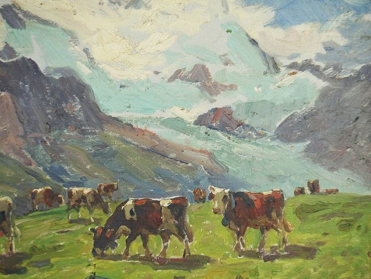 Mucche al pascolo :Olio su cartone di Clovis Terraire