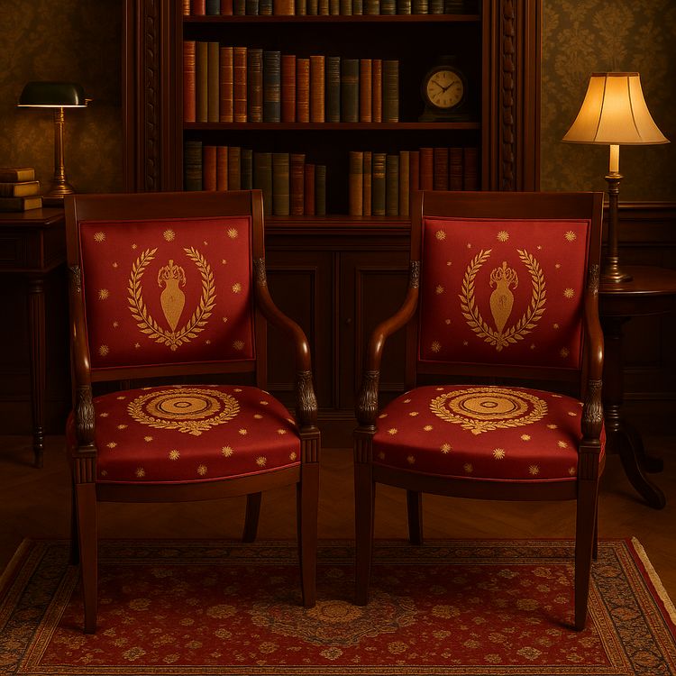 Paire de Fauteuils Empire en Acajou sculpté – Tissu brodé cramoisi – Début XIXe siècle