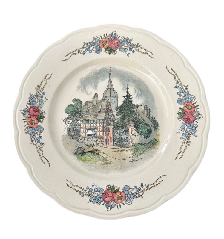RARE SARREGUEMINES OBERNAI, ASSIETTE DESSERT(3) marked LOUX-UTZSCHNEIDER et CIE