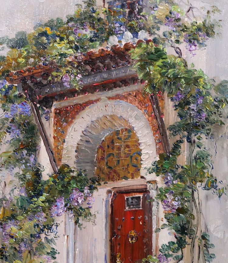 Marius Reynaud 1860-1935 Algérie, Alger, vue d'une porte, tableau, 1910-20 fleurs jardin