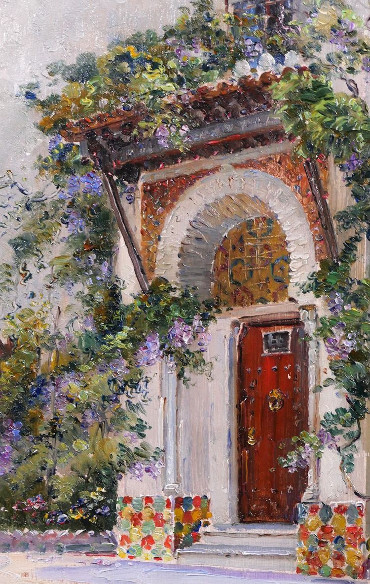 Marius Reynaud 1860-1935 Algérie, Alger, vue d'une porte, tableau, 1910-20 fleurs jardin