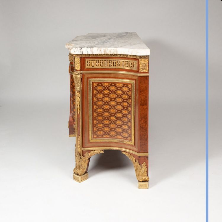 Commode in marquetry of precious woods, gilt bronze and Campan marble, 19th century